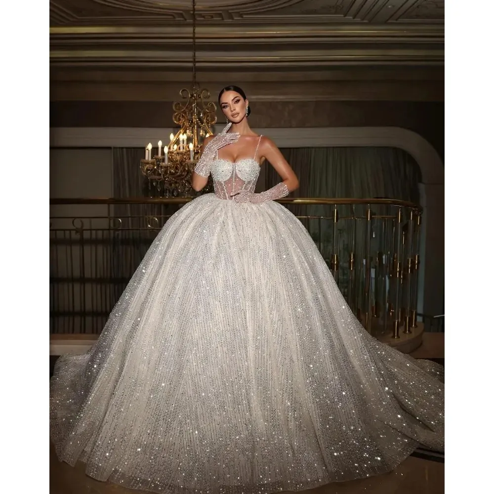 Stunningbride 2024 Luxury Ball Gown Wedding Dresses Spaghetti Straps Bridal Gowns Pearl Crystal Shiny Sweep Train Bride Dresses