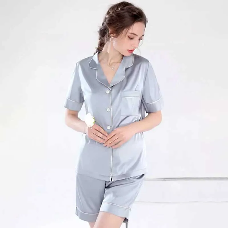 Women's Sleep Lounge Faux Silk Satin Womens Pajamas Set Solid Button Down Top Shorts Sleepwear V-neck Soft Nightwear Loungewear for Summer