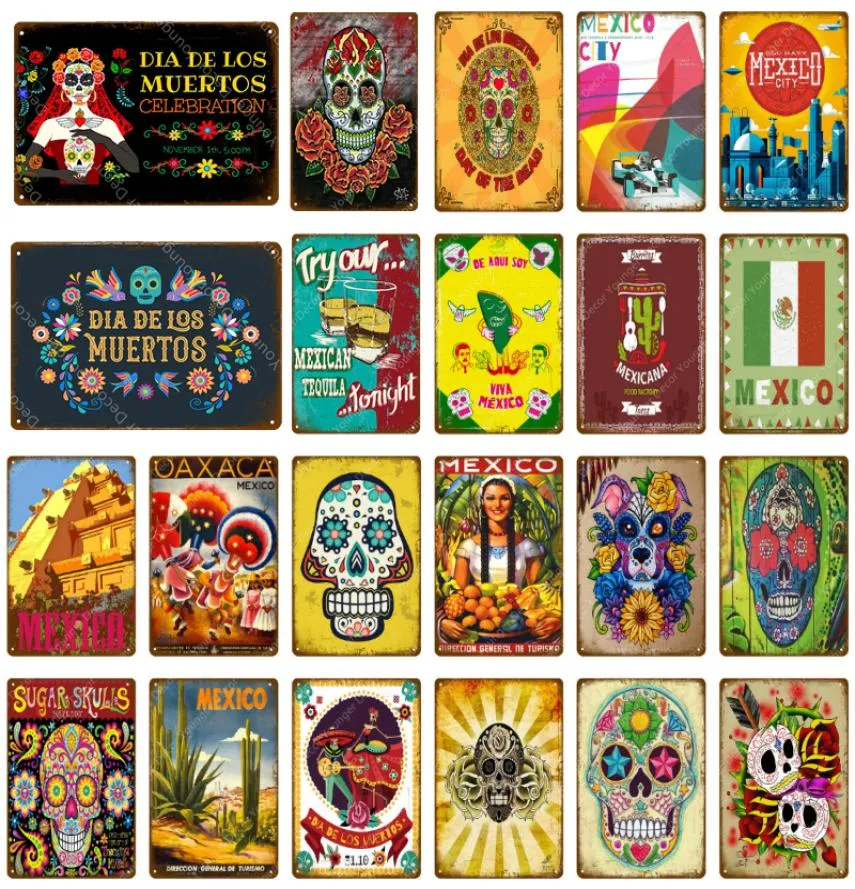 Mexiko -Stadt -Schilder Mexikanische Kultur Zuckerschädel Metallplakat Wandaufkleber Vintage Art Painting Plakette für Pub Bar Club Home Decor1920807