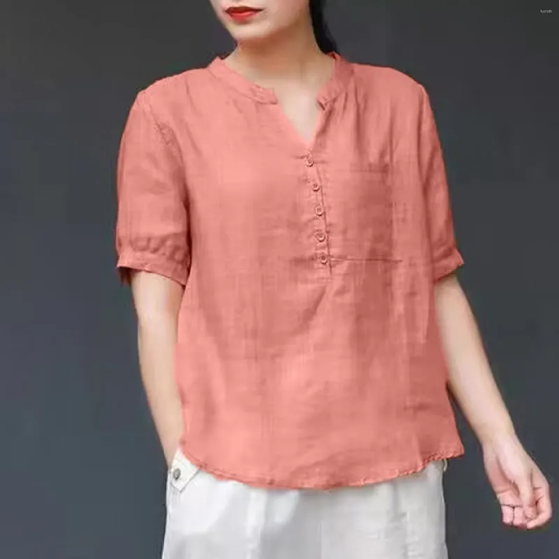 Kvinnors blusar Korta ärmskjortor Lossa Retro V Neck Shirt Soild Summer Top For Ladies Thin Style Pullovers Casual Female Blouse