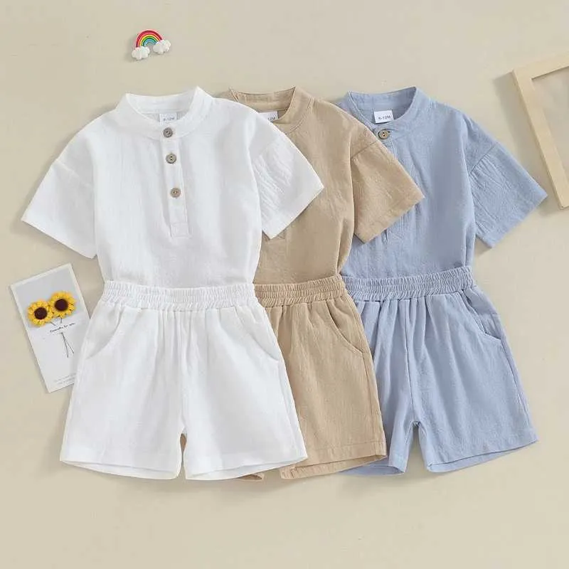 Kledingsets Babyjongen Zomerkleding Katoenlinnen Korte mouw Henley-shirts en shorts Set Toddler 2pcs Solid Outfit 6m-4Y H240508