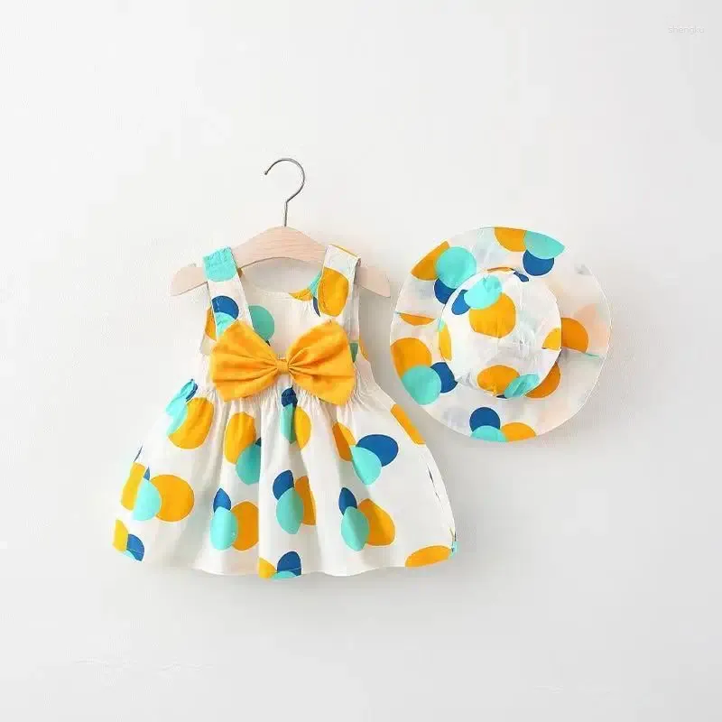 Robes de fille 2 / pièce set pour filles robe chapeau d'été bébé grand arc patchwork polka dot suspendu princesse princesse