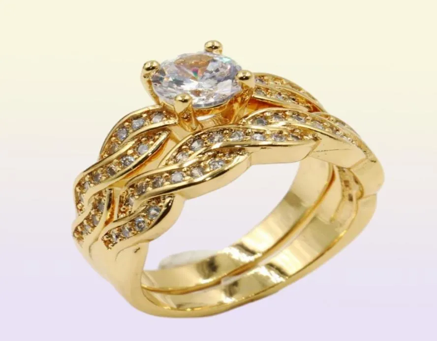 Boyut 510 lüks mücevher 18k altın dolgu yuvarlak kesilmiş beyaz topaz cz elmas çift yüzük parti 6316921 için düğün nişan gelin yüzük