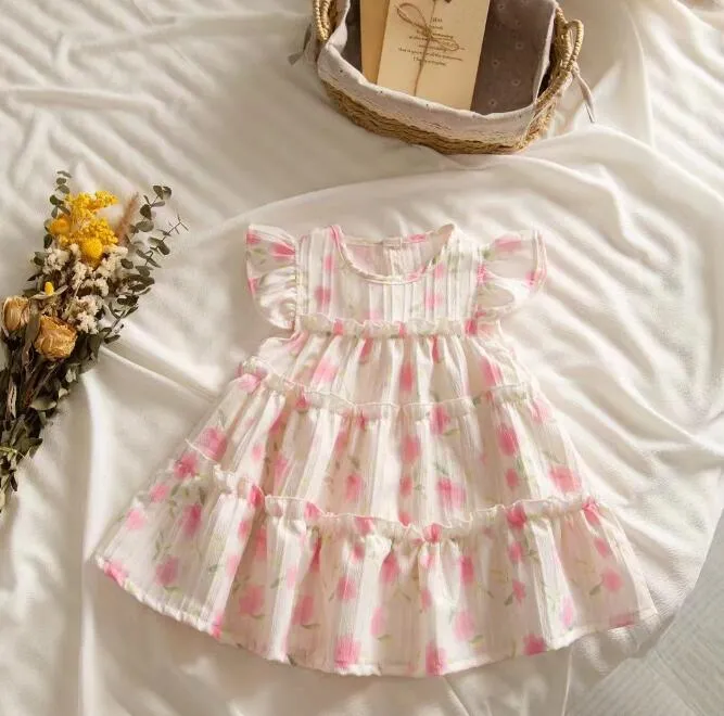 Babymeisjes chiffon bloemenjurk zomer mouwloze jurken 2024 nieuwe kindermeisje prinsesjurk