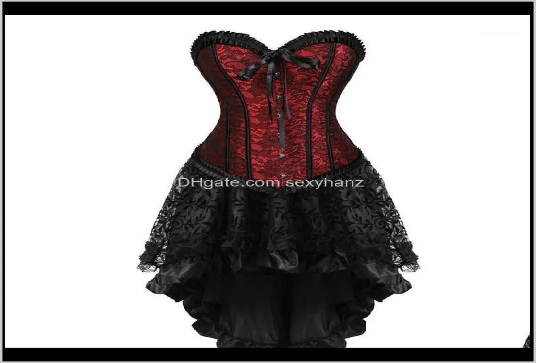 Sexy korset met rok met hoge lage set jurk exotische push -up korsetten en bustiers bloemenprint Halloween -kostuums plus size red1 5Q2T85422294