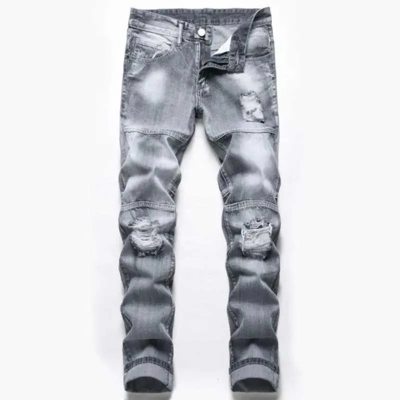 New Spring Mens Ripped Hole Jeans Casual Slim Fit Gray Jeans Men Trousers Male Hip hop Denim Straight Pants Pantnes Hombre