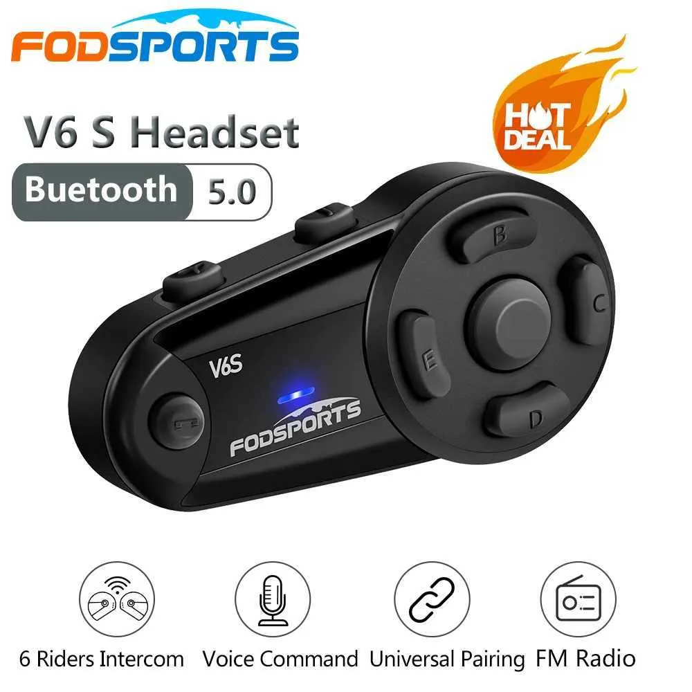 Telefone celular Ear fones de ouvido Fodsports V6 S Motocicleta Capacete de Capacete Bluetooth 6 Motorciclo Interconecadora do Rider J240508