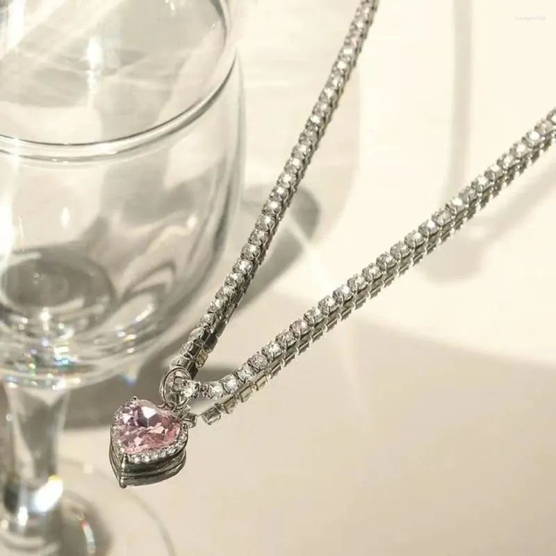 Zincirler Rhinestone Y2K Pembe Kalp Kolye Alaşım Kore tarzı Aşk Zirkon Cisim Takı Aksesuarları Takılar Kristal Klavikül Zinciri