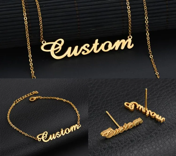 Personalisierte kundenspezifische 18K Gold plattierte Edelstahl -Drehbuch -Name Halskette Charm Namenplate Halskette Schmuck Geschenkkette Halskette Halskette 8415347