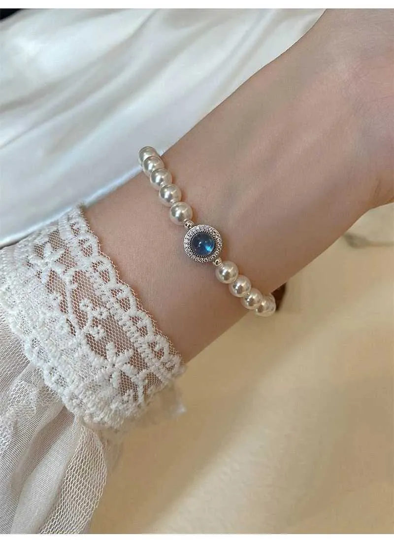 Bangle Elegant Aquamarine Gemstone Zircon for Women Round Sier Color Rhinestone Pearl Bracelets Wedding Jewelry Gift_ipsvogv.com
