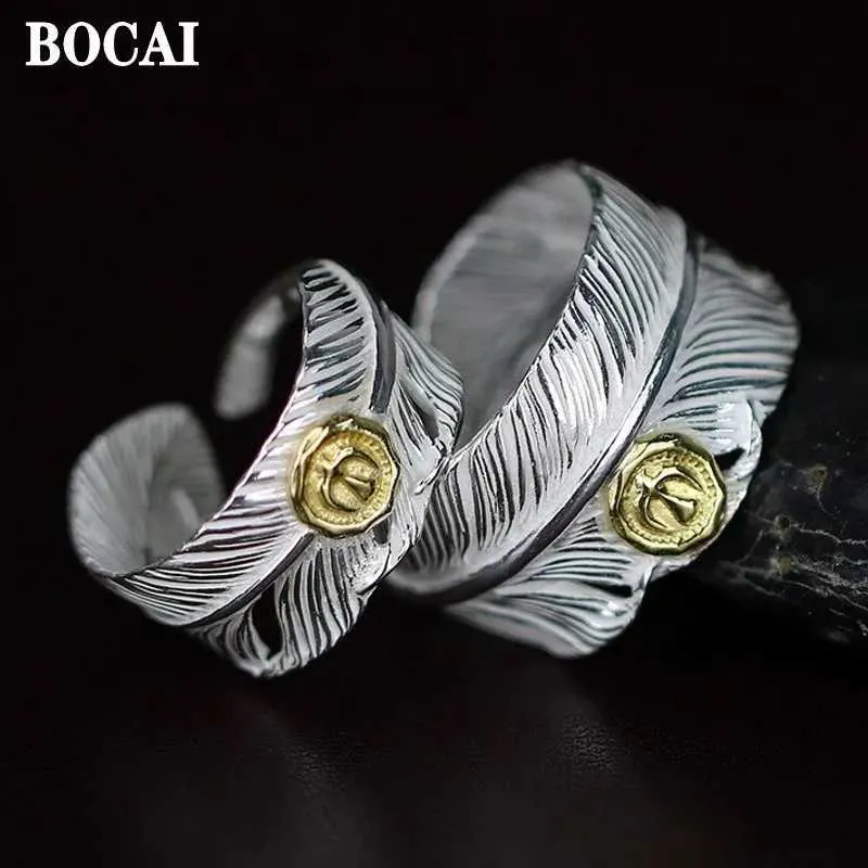 Band Rings Bocai Real S925 Silver smycken Tillbehör Fashion New Gold Dot Feather Mens and Womens Rings Vackra födelsedagspresent J240508