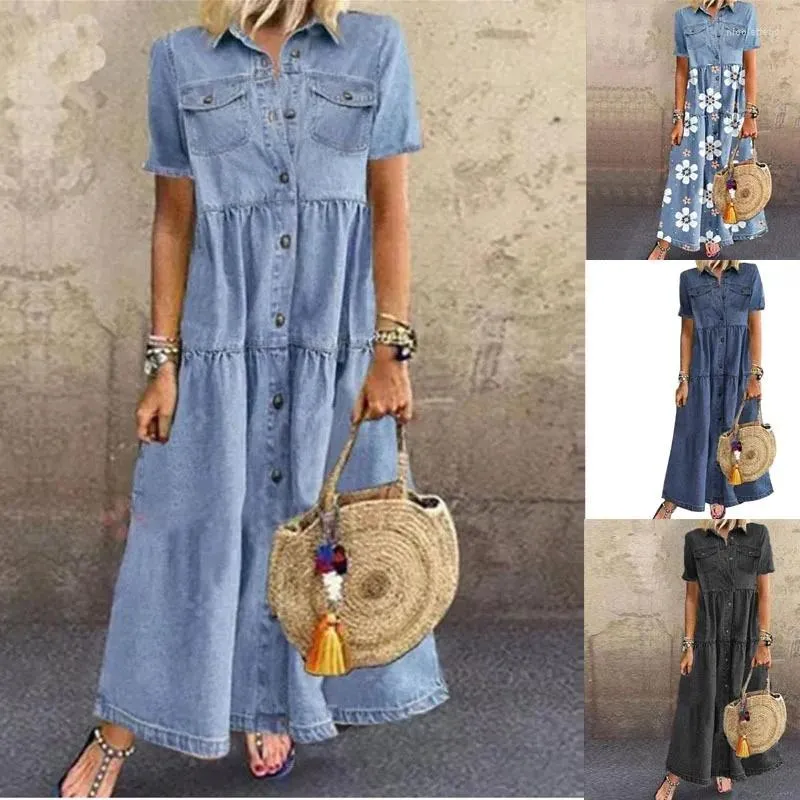 Lässige Kleider Wepbel Y2K Denim Style Maxi Kleid Frauen Kurzarm Langes Multi-Knopf-Hemd mit verzweifelten Taschen