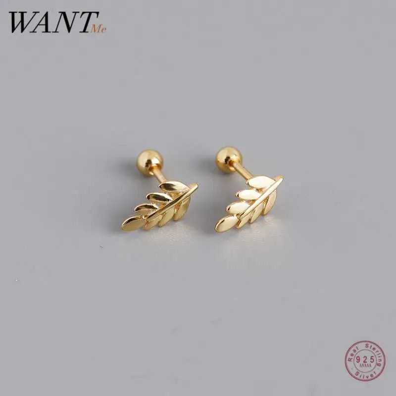 Stud Wantme 925 Sterling Silver Fashion Simple Earbone Perforated Screke Bead Leaf Earrings乳児と女性に適したStatemnet Gold Jewelry Q240507