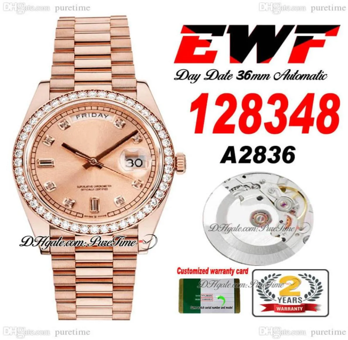 Fecha de día EWF 128348 A2836 Automático Unisex Watch Mens Ladies RG Diamonds Bisel Dial Champagne Pulsera presidencial misma CA7178717