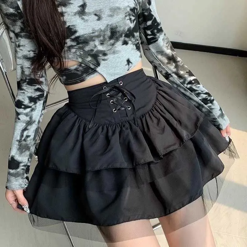 Skirts Deeptown Ruffle Sheer Elegante gonna corta donna Black Sweet Lace Mini Sexy Casual Summer Decal Solid Q240507