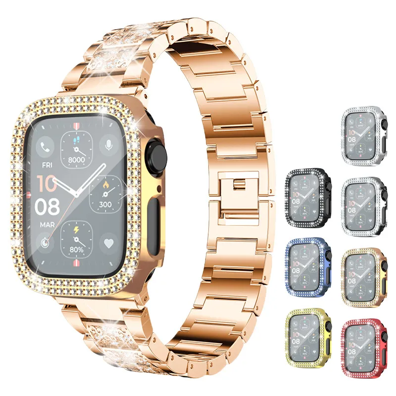 Double Bling Diamond 360 Protecteur complet du corps avec couverture en verre trempé PC Bumper PC pour Apple Watch Iwatch 49mm 45 mm 41mm 44 mm 40mm 42 mm 38 mm avec forfait