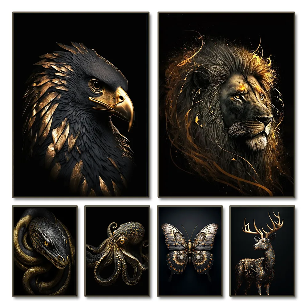 Black Gold Griffin Canvas Peinture Metal Affiche Mur Home Decoration Nordic Deer Tiger Wolf Swan Living Room Decoration Paint