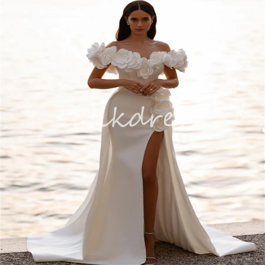 Потрясающие 3D Florals Свадебные платья 2024 Сексуальные высокие щель русалки перевернут пляжные свадебные платья элегантная мечта атласная кантри Бохо платье невесты Мариб