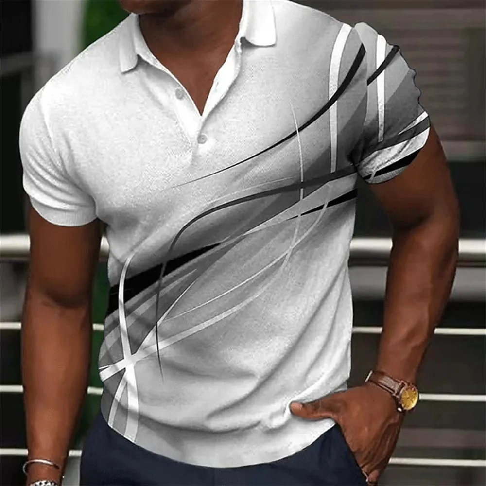 Mens Polo Shirt Gradient Line Summer Short Sleeved Top Business Casual Clothing Lapel Button Randig Polo Shirt 240429