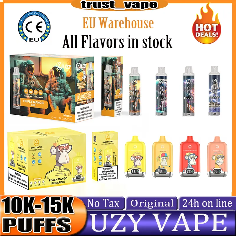 Europa Warehouse Originele Uzy Bang Digital 15000 Puff 10000 15000 Disposable Vaper E Sigaretten 1,2oHm Mesh Coil Code Puff 15000 0% 2% 3% 5% Oplaadbare batterij 20 ml