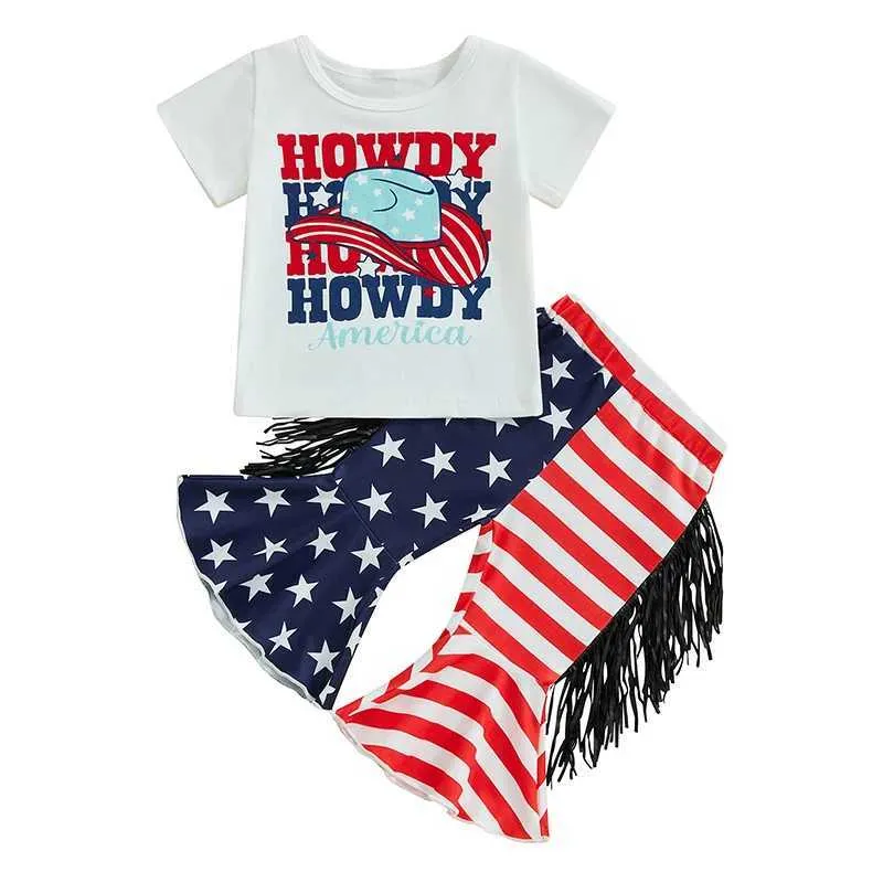 Clothing Sets Western Baby Girl Clothes HOWDY Short Sleeve T Shirt Top Cow Print Tassel Bell Bottom Pants Country Summer Outfit H240508