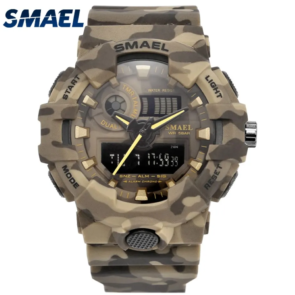 Nouveau camouflage Military montre Smael Brand Sport Watches LED Quartz Clock Men Men Sport Wristwatch 8001 Mens Army Watch imperroproping ly191213 265Q
