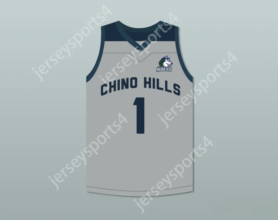 Custom nay mens Youth / Kids Lamelo Ball 1 Chino Hills Huskies Grey Basketball Jersey avec Patch Top Centred S-6XL