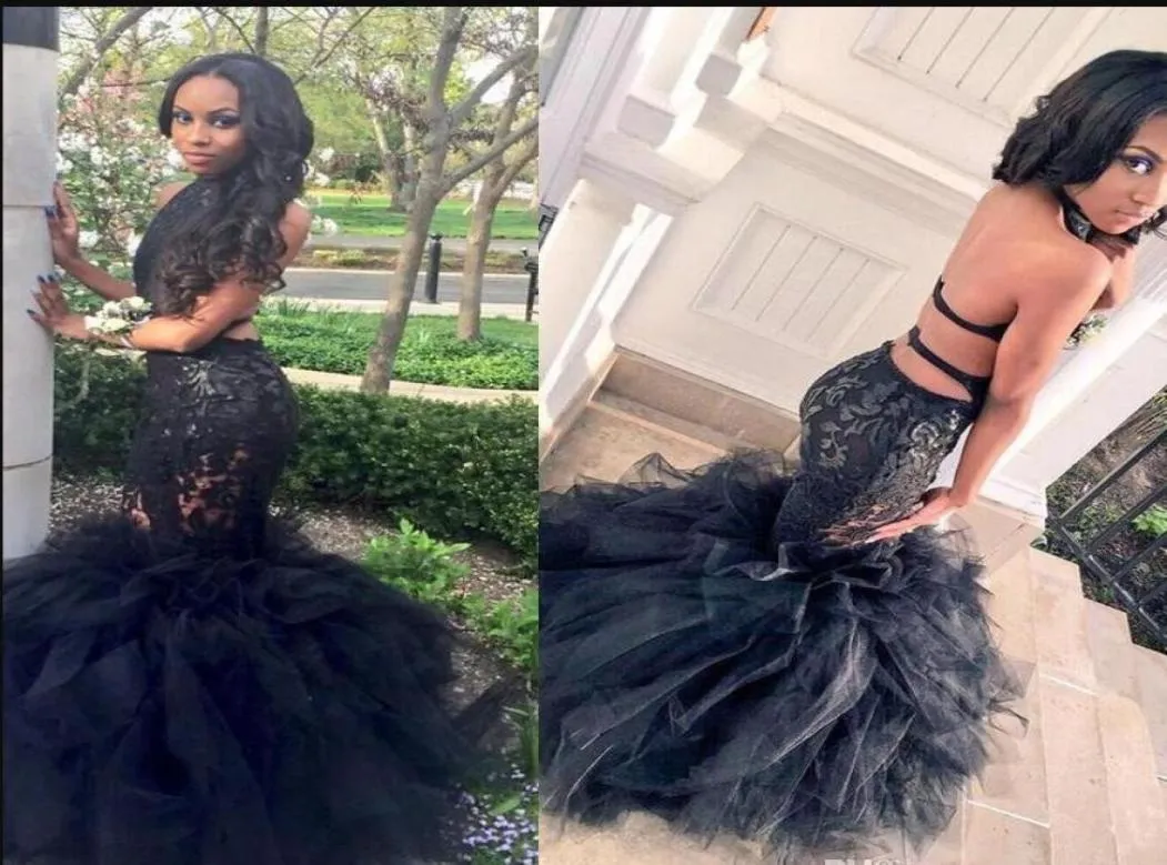 2019 Black Girls Sirène Robes de bal Halter Sheer Lace Applique sexy Sexylessless Cascading Ruffles Jupe Robes formelles robes de soirée 4128915