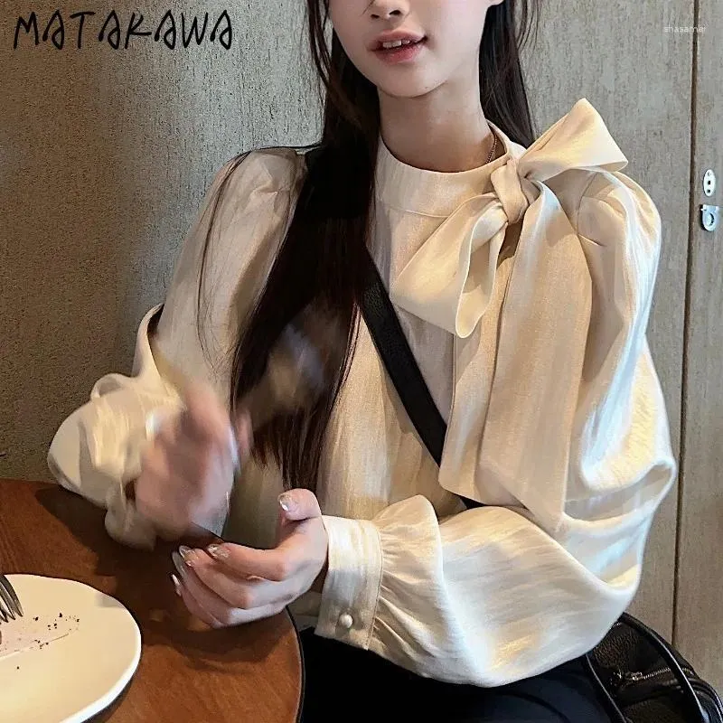 Frauenblusen Matakawa Big Bow Frühling Herbst Frauen Hemdsblouse solide koreanischer Stil elegant einfach einfache Blusas Mujer süße lose Camisas