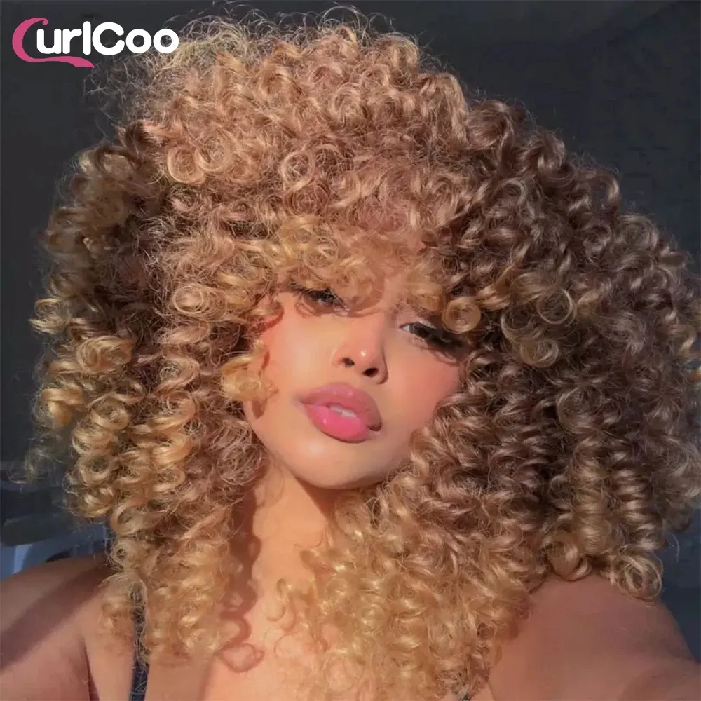 Perruques courtes courtes afro perruques bouclées coquineuses avec une frange pour femmes noires Synthétique Synthétique Ombre Cosplay Cosplay Natural Highlight Blonde Wig