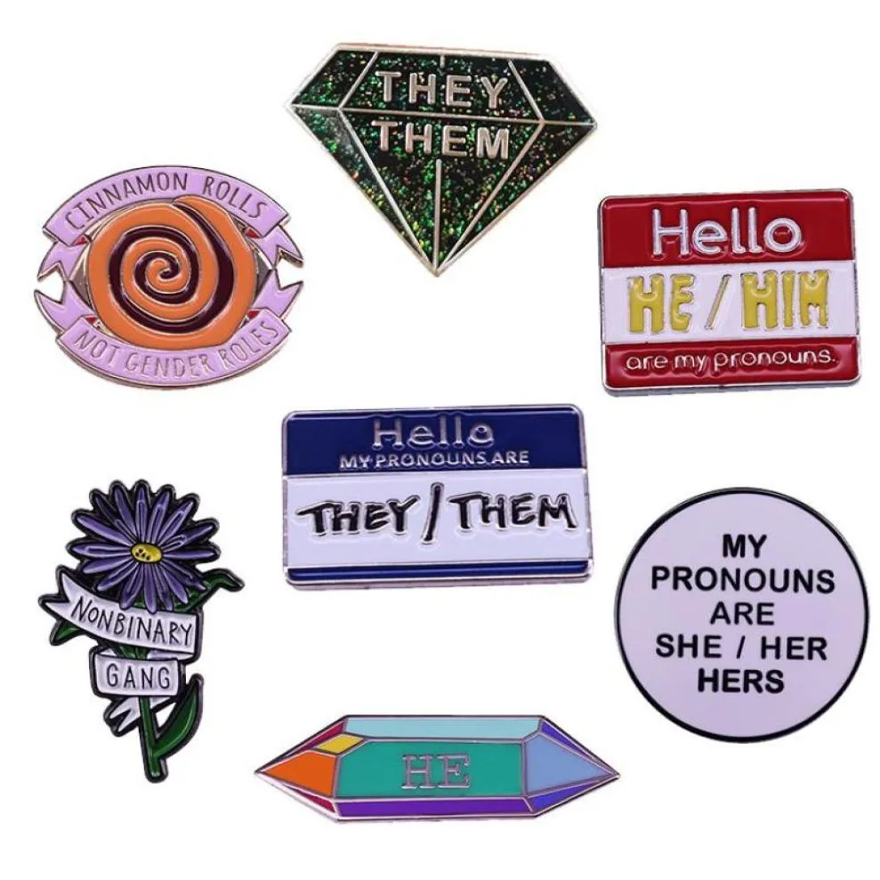 Pins Brooches Nonbinary Gang Gender Equality Badge Different Pronouns Enamel Pin They Them He Him Brooch Fashion Pride Jewelry2572666