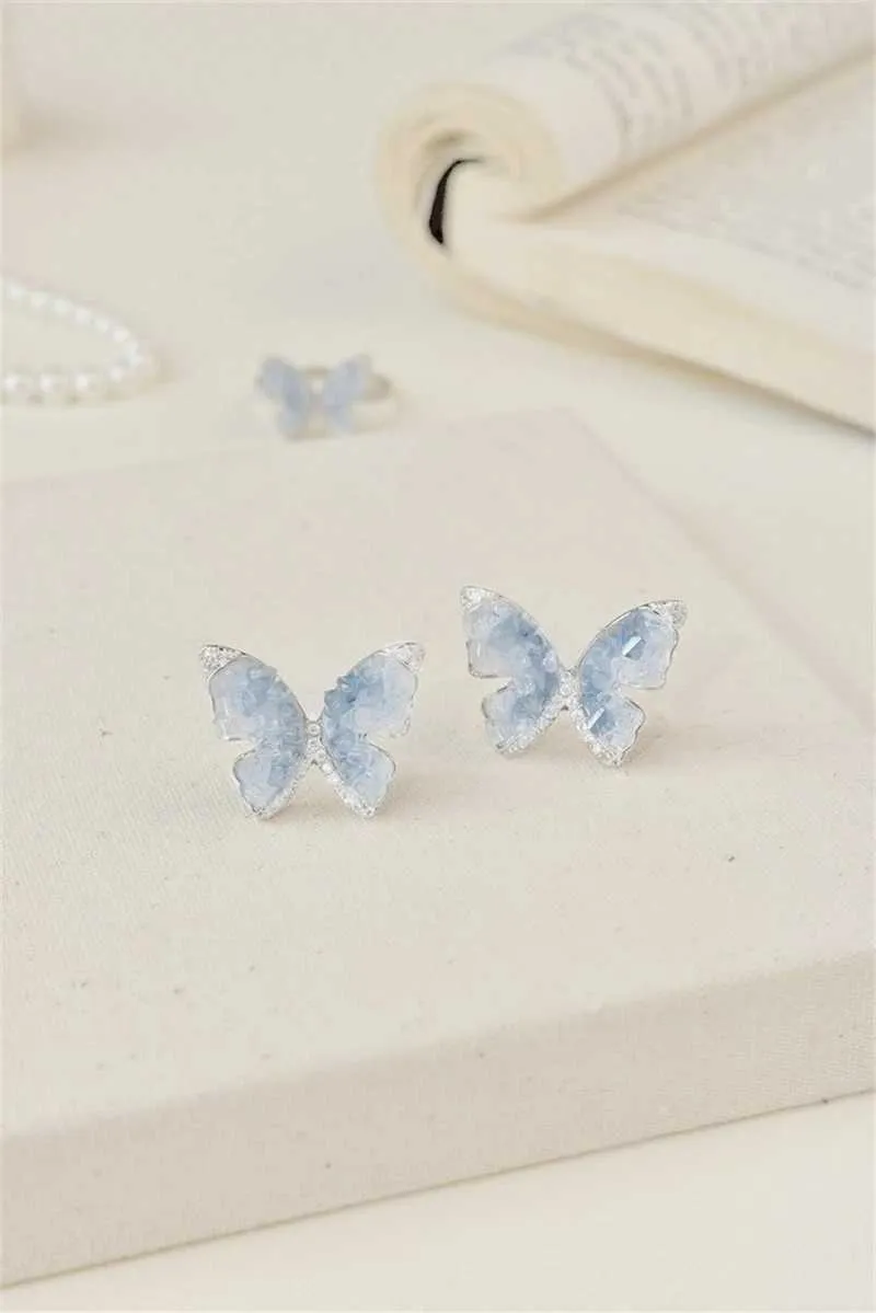 Charm Bracelets New Fashhion Blue Crystal Butterfly Pearl Bracelet Earrings Ring Necklace for Women Advanced Bilayer_voghion.com