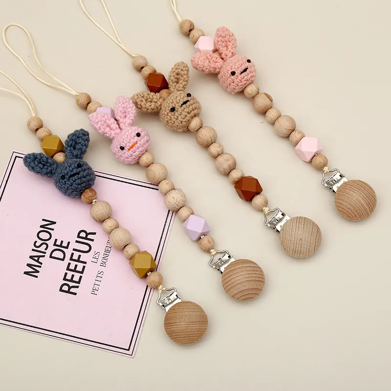 Baby Pacifier Clips Wood Gel Pacifier Soother Holder Beaded Clip Chain Nipple Teether Dummy Strap Chain Baby Shower Gift BPA Free