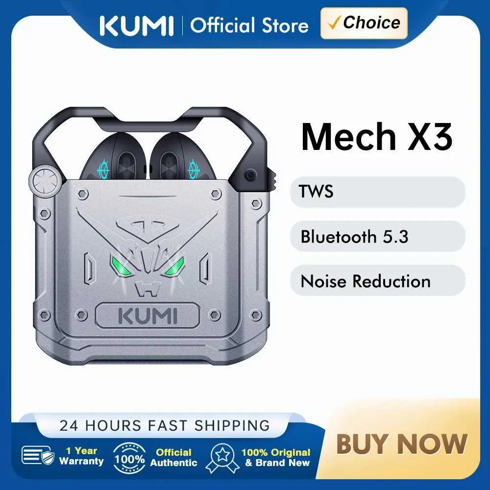携帯電話イヤホンKumi Mech X3 TWS Gaming Bluetoothイヤホン5.3タッチコントロールとワイヤレス充電ケースJ240508を備えたワイヤレスイヤホン