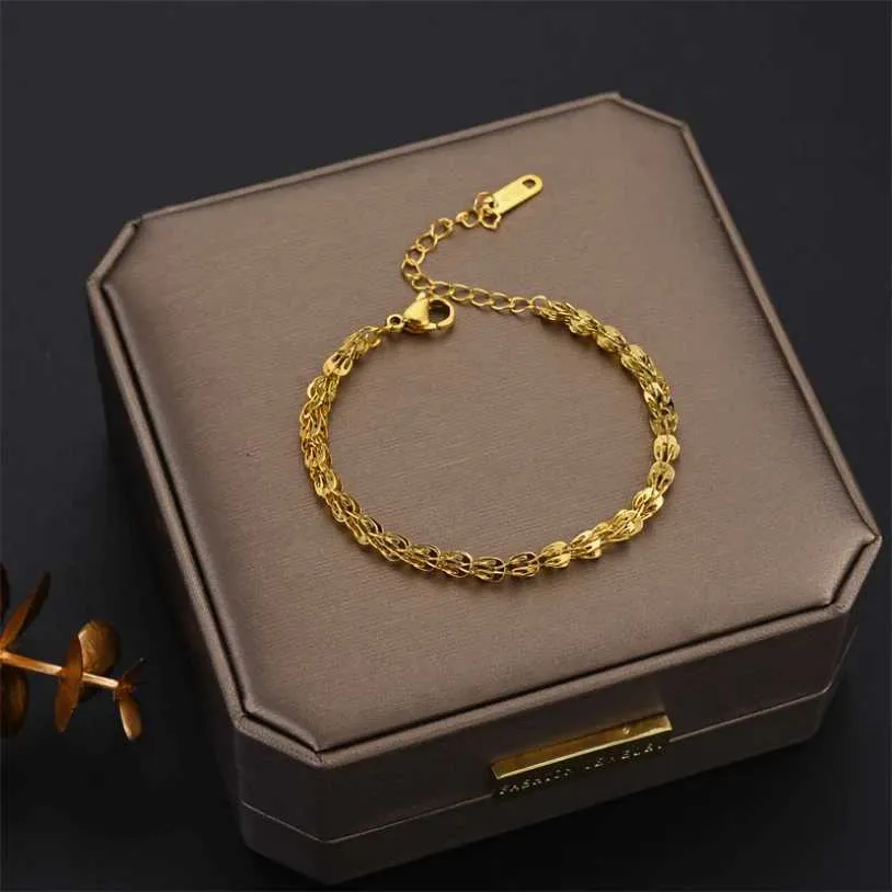 Gold Chain Bracelet Minimalist Feather Bangle Stainless Steel_voghion.com