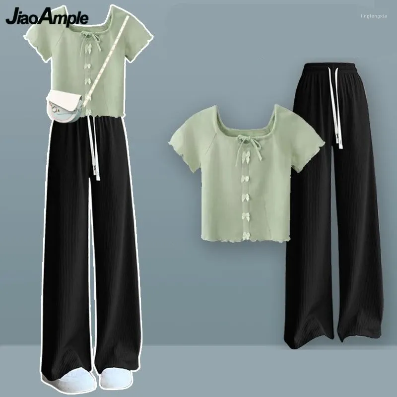 Women's Two Piece Pants Women Summer Preppy Style Cute Bowknot Shorts T Shirts Wide Leg Single Or Set Lady Green Short Sleeve Tops Trousers