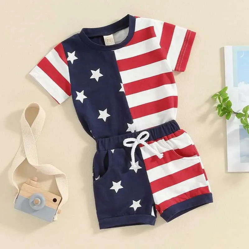 Clothing Sets Toddler Baby Boy Girl 4th of July Outfit Stars and Stripes Short Sleeve Shirt Shorts Set Fourth of July Clothes H240508