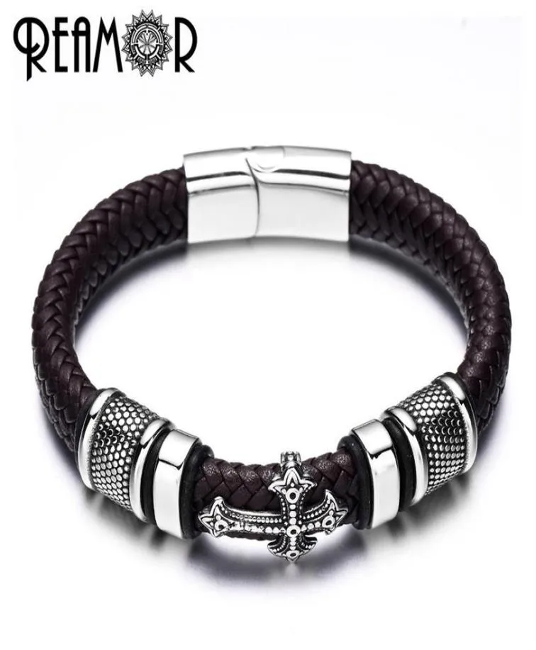 Reamor 12mm bredd flätade läder män armband 316l rostfritt stål charms manschett armband armband trendiga manliga smycken SH1901487406