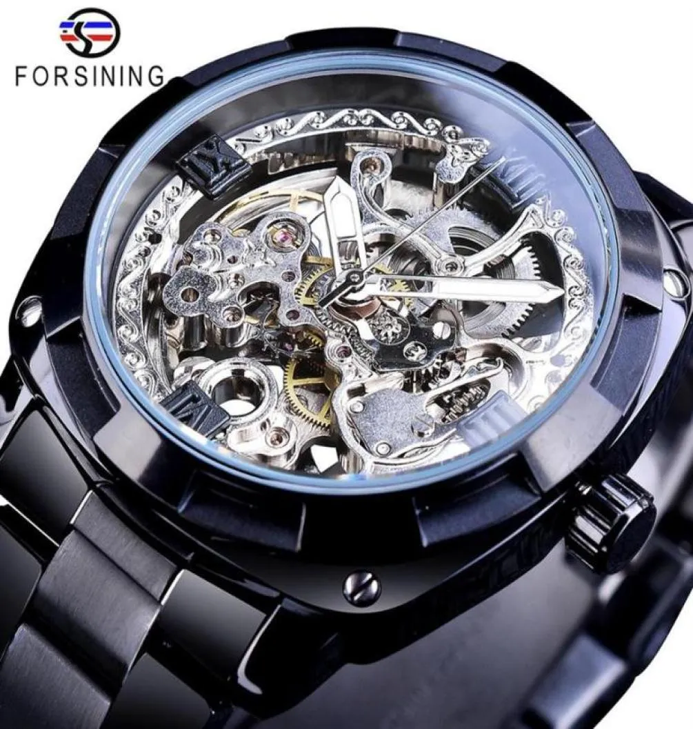 Forsining Men Skeletton Automatische mechanische Uhr Schwarze transparente Ausrüstung Edelstahl Band Vine Watches für Mann Kleid Geschenk251t2145847