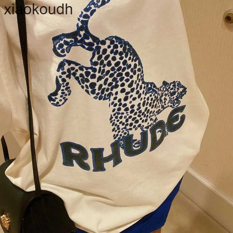 Rhude high end designer kläder för leopard tryck high street mode lös rund nacke kort hylsa t-shirt sommarmän och kvinnor med 1: 1 original etiketter