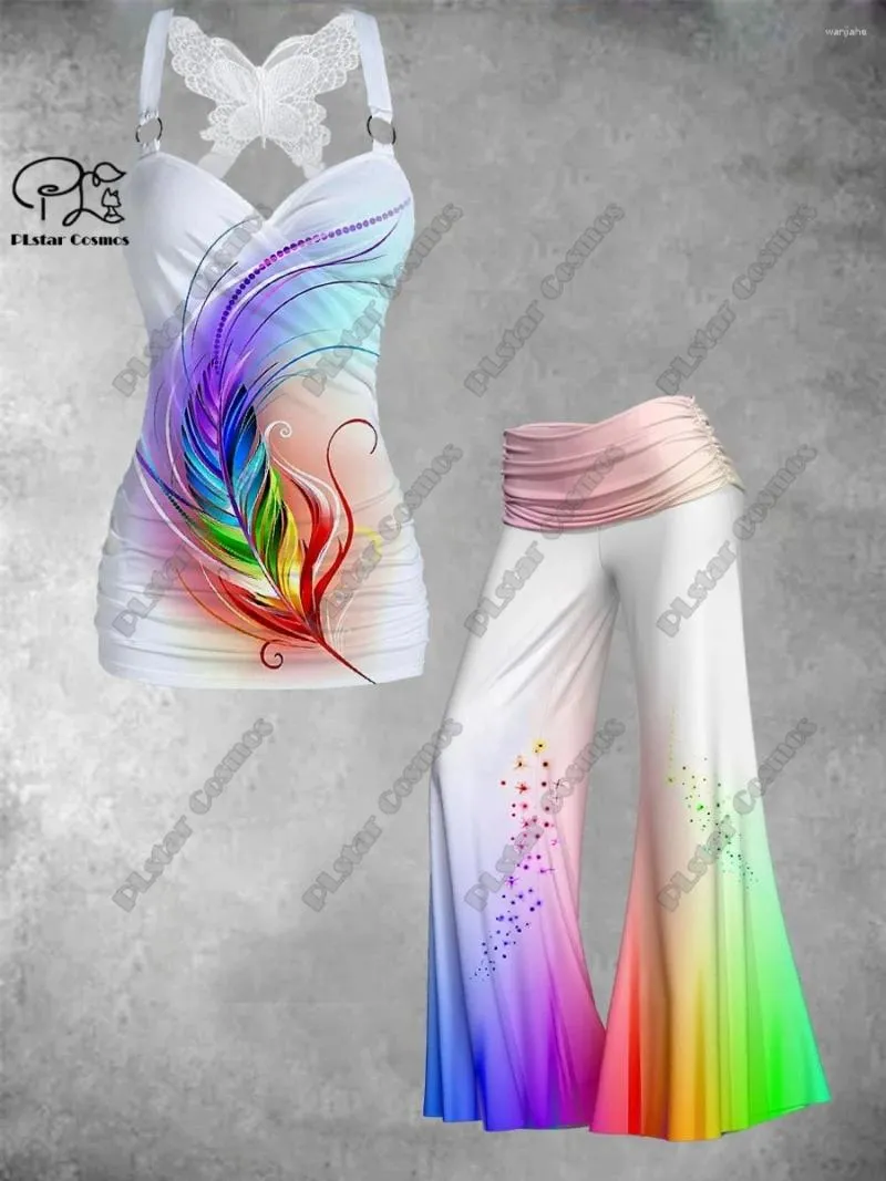 Calça feminina Plstar Cosmos 3D Impresso a arte colorida gradiente de penas Arte retrô colete de borboleta larga perna de duas peças Conjunto