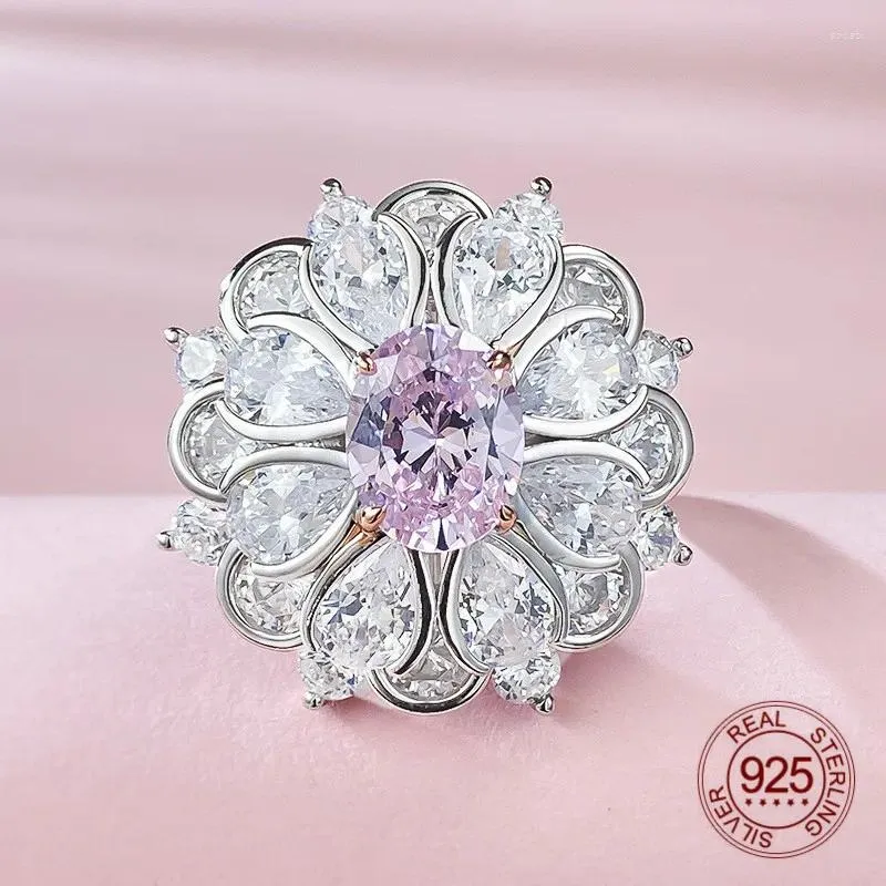 Cluster Rings Clear Zircon Petal Flower Design 7x9mm Oval Shape Pink High Carbon Diamond 925 Sterling Silver Finger Ring