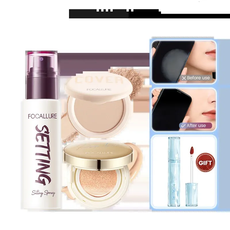 Focallure Vollgesichts -Make -up -Set wasserdichte Luftkissen Feuchtigkeitsspray -Spray Matte gepresstes Pulverkosmetik mit kostenlosen Geschenk Lipgloss 240508