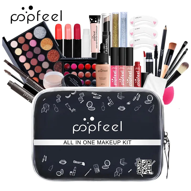 PopFeel Makeup Kit allt i en full ansiktsmakeup Set Eye Shadow Lip Gloss Eyeliner Makeup Borstar Cosmetics Bag Makeup Products 240508