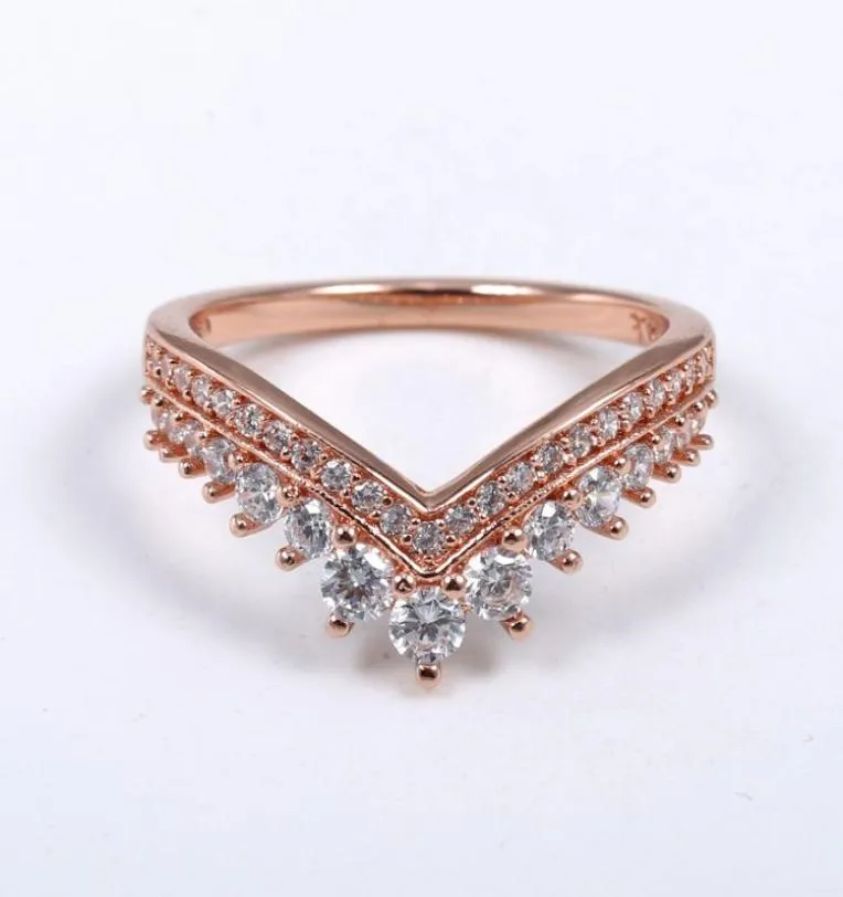 Rose Gold CZ Diamond Princess Wishing Ring Set adapté pour le style européen 925 Sterling Silver Ladies and Girls Wedding Crown Rings6988630