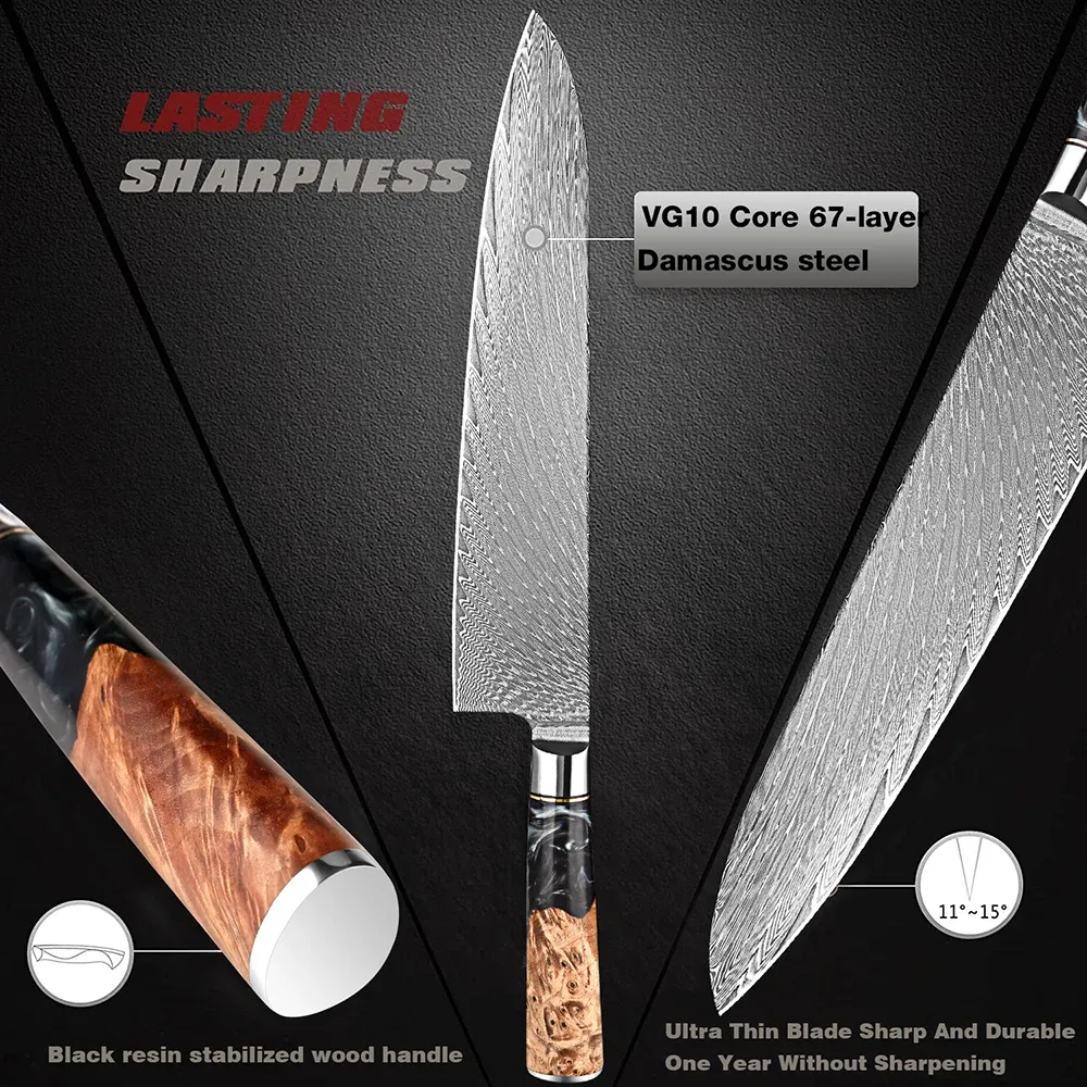 Xituo 9 pouces Couteau de chef Damas, Couteau professionnel VG-10 Damas Super Steel Knite