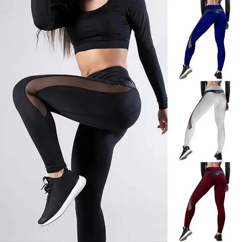 Leggings féminins pantalons sportifs sexy meesh pu patchwork hip levant gym fitness leggings hauts