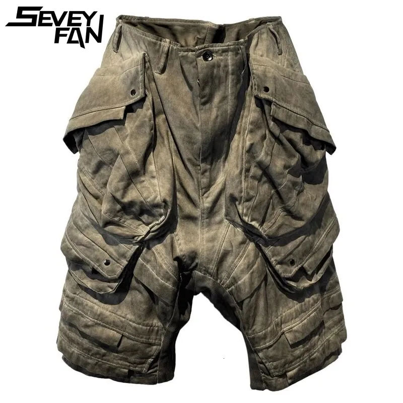 Seveyfan Mens Distressed Functional Cargo Shorts Oversize Drop Crotch Shorts Streetwear Oversize Short Jeans 240508