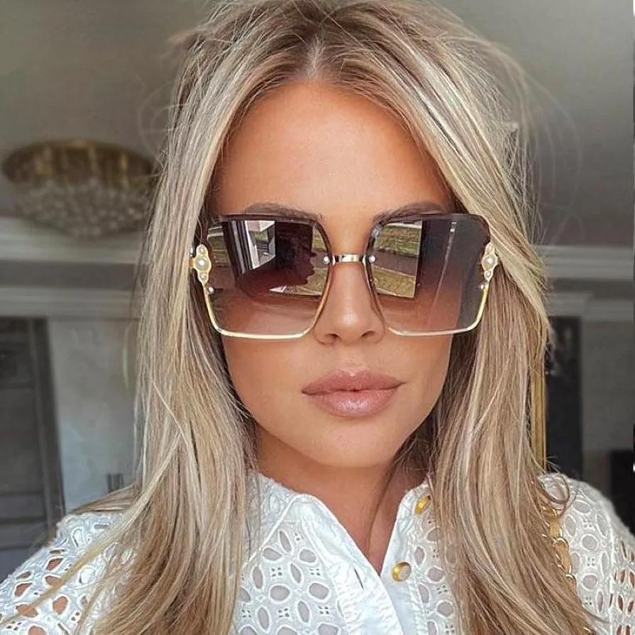 Sunglasses Frame Luxury Women Pearl Square Fashion Shades UV400 Vintage Glasses 298v