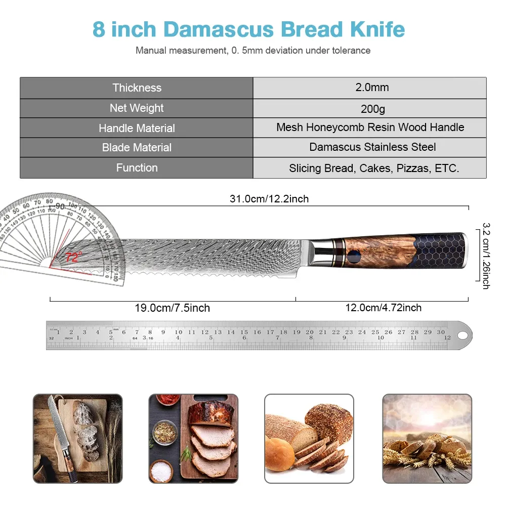 Coltello da pane damasco da 8 pollici coltelli seghettati affilati, maniglia di ergonomia da cucina a lama in acciaio Damasco